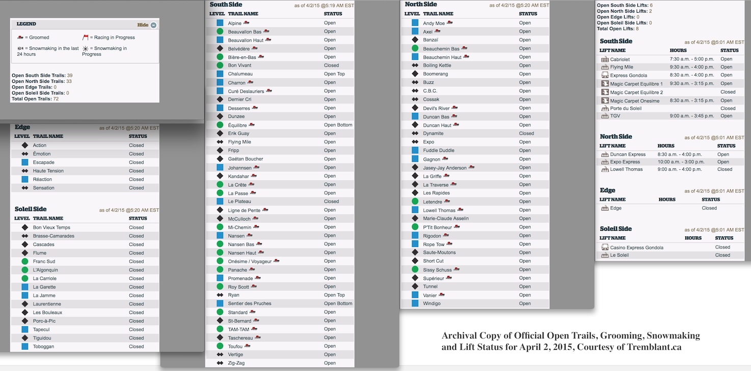 Archival Copy of Official Open Trails, Grooming, Snowmaking and Lift Status for April 2, 2015, Courtesy of Tremblant.ca