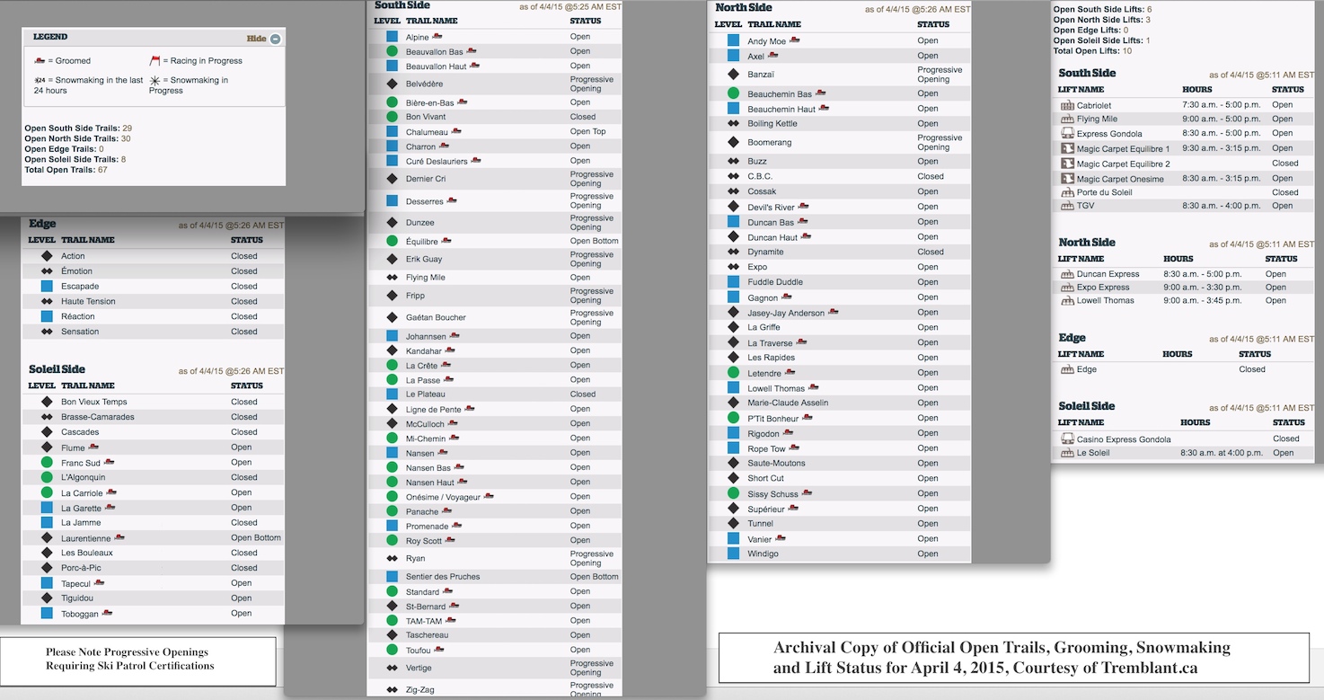 Archival Copy of Official Open Trails, Grooming, Snowmaking and Lift Status for April 4, 2015, Courtesy of Tremblant.ca