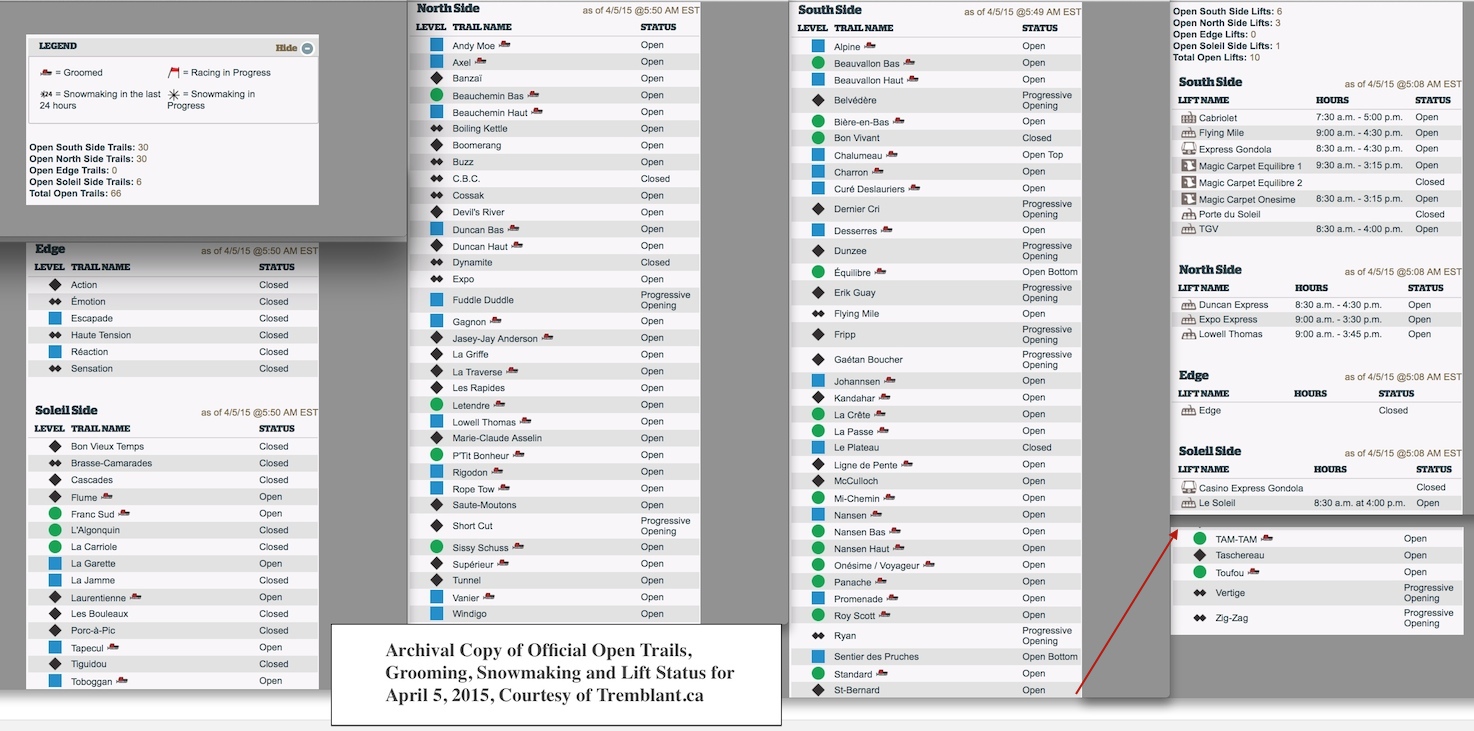 Archival Copy of Official Open Trails,<br />Grooming, Snowmaking and Lift Status for April 5, 2015, Courtesy of Tremblant.ca