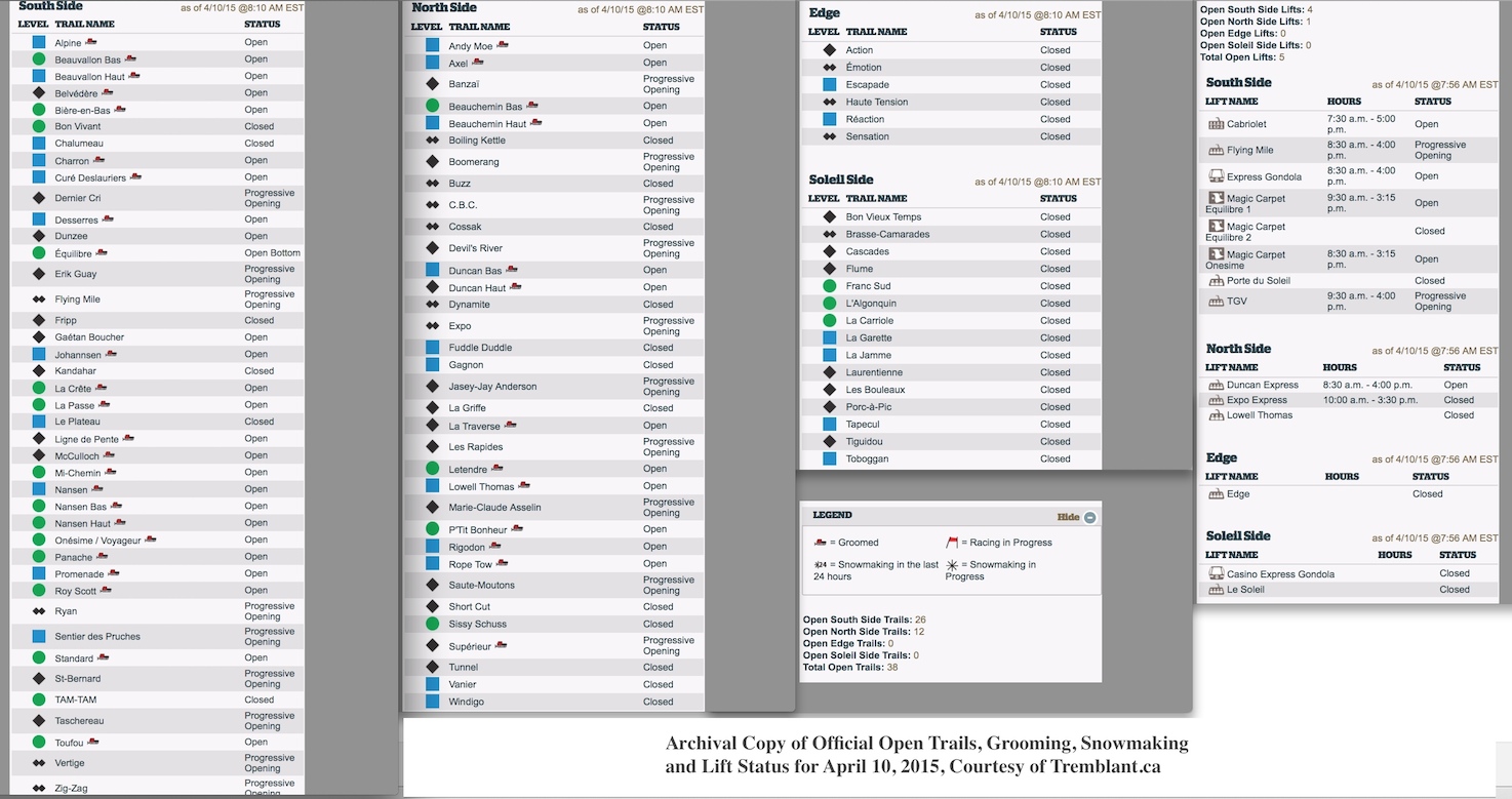 Archival Copy of Official Open Trails, Grooming, Snowmaking and Lift Status for April 10, 2015, Courtesy of Tremblant.ca