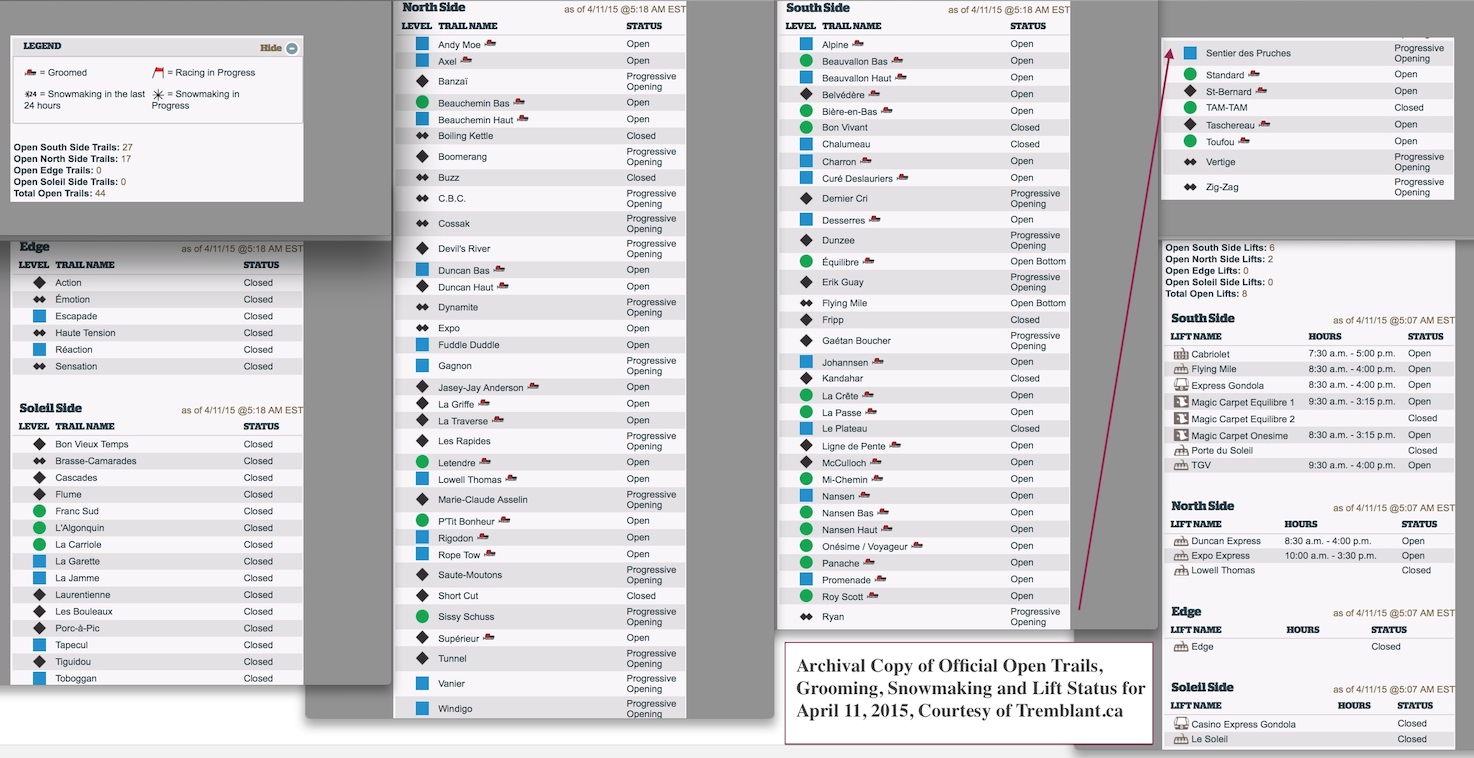 Archival Copy of Official Open Trails, Grooming, Snowmaking and Lift Status for April 11, 2015, Courtesy of Tremblant.ca