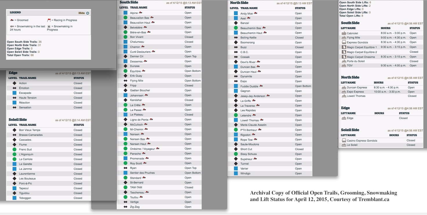 Archival Copy of Official Open Trails, Grooming, Snowmaking and Lift Status for April 12, 2015, Courtesy of Tremblant.ca