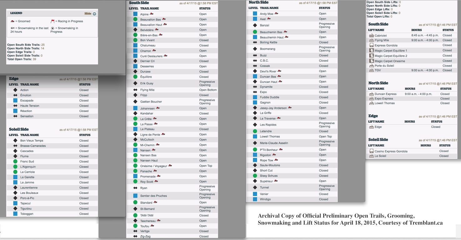 Archival Copy of Official Preliminary Open Trails, Grooming, Snowmaking and Lift Status for April 18, 2015, Courtesy of Tremblant.ca