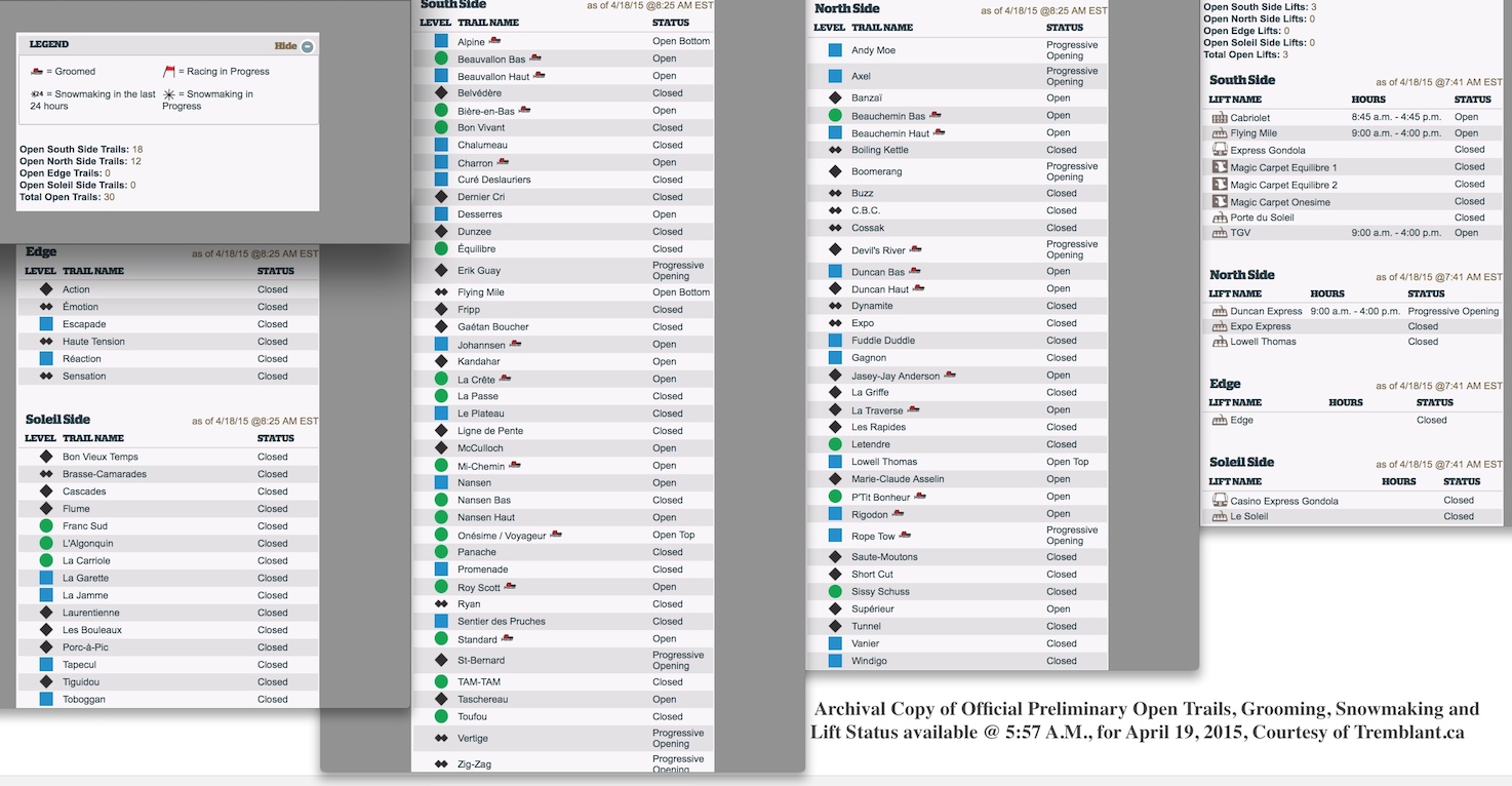 Archival Copy of Official Preliminary Open Trails, Grooming, Snowmaking and Lift Status available @ 5:57 A.M., for April 19, 2015, Courtesy of Tremblant.ca