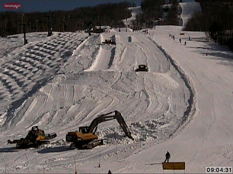 It takes Heavy Duty Tools to make Heavy Duty Kickers. One benefit from today's cold temps is that pushing snow around when it's cold means almost no loss of material, so construction here should progress quite quickly.