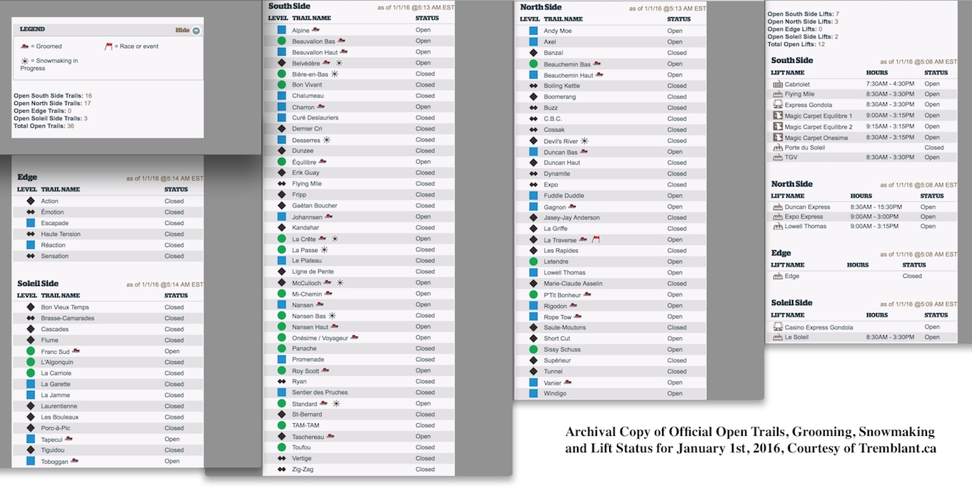Archival Copy of Official Open Trails, Grooming, Snowmaking and Lift Status, Courtesy of Tremblant.ca