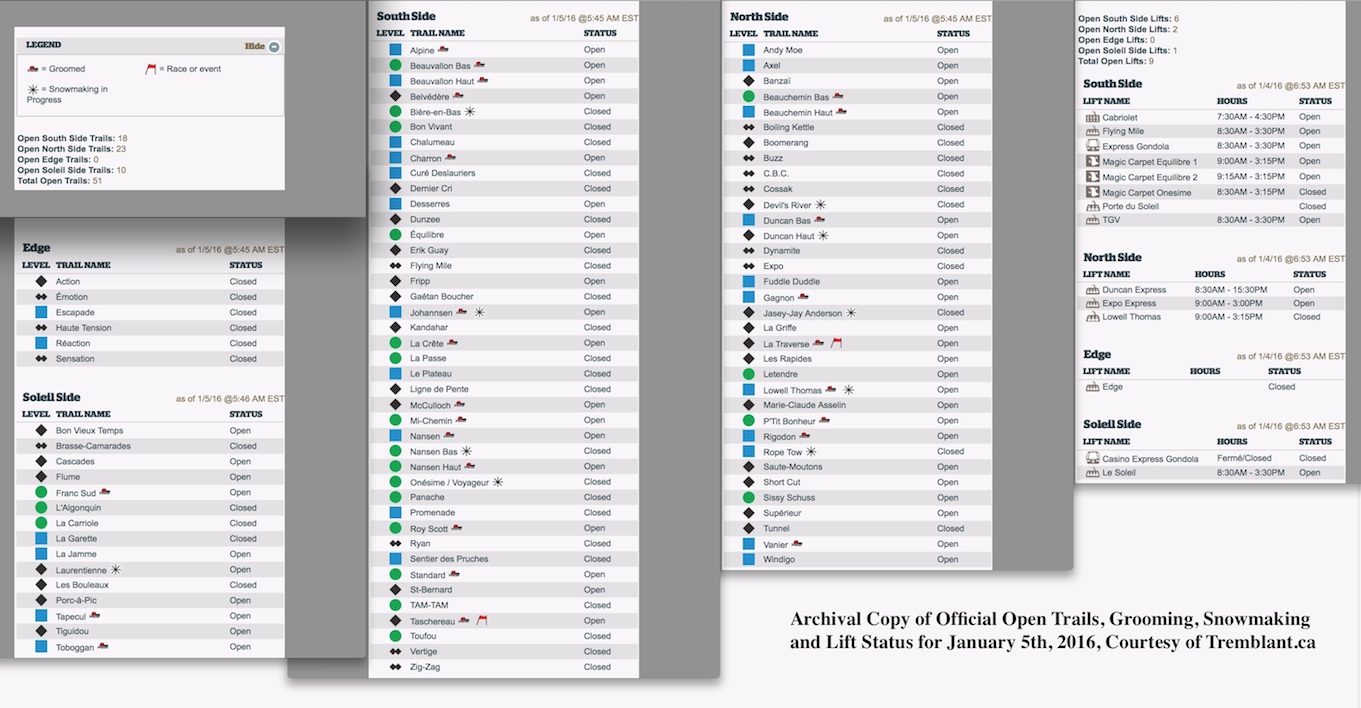 Archival Copy of Official Open Trails, Grooming, Snowmaking and Lift Status, Courtesy of Tremblant.ca
