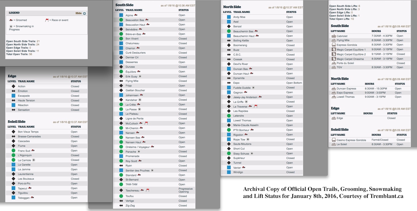 Archival Copy of Official Open Trails, Grooming, Snowmaking and Lift Status, 2016, Courtesy of Tremblant.ca