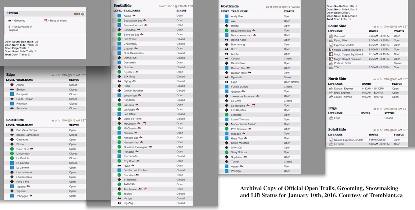 Archival Copy of Official Open Trails, Grooming, Snowmaking and Lift Status, Courtesy of Tremblant.ca