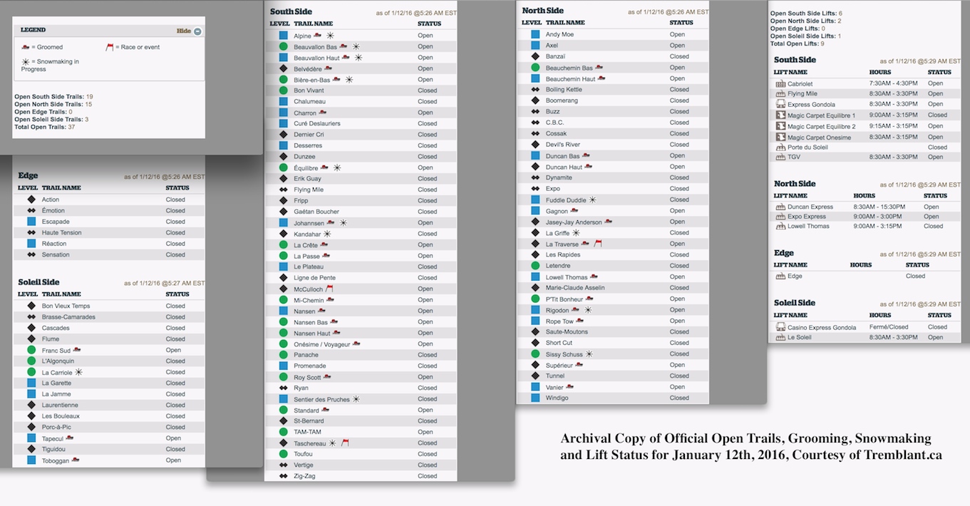 Archival Copy of Official Open Trails, Grooming, Snowmaking and Lift Status, Courtesy of Tremblant.ca