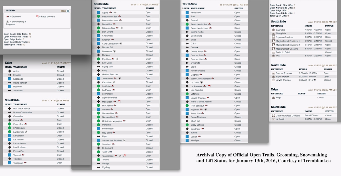 Archival Copy of Official Open Trails, Grooming, Snowmaking and Lift Status, Courtesy of Tremblant.ca