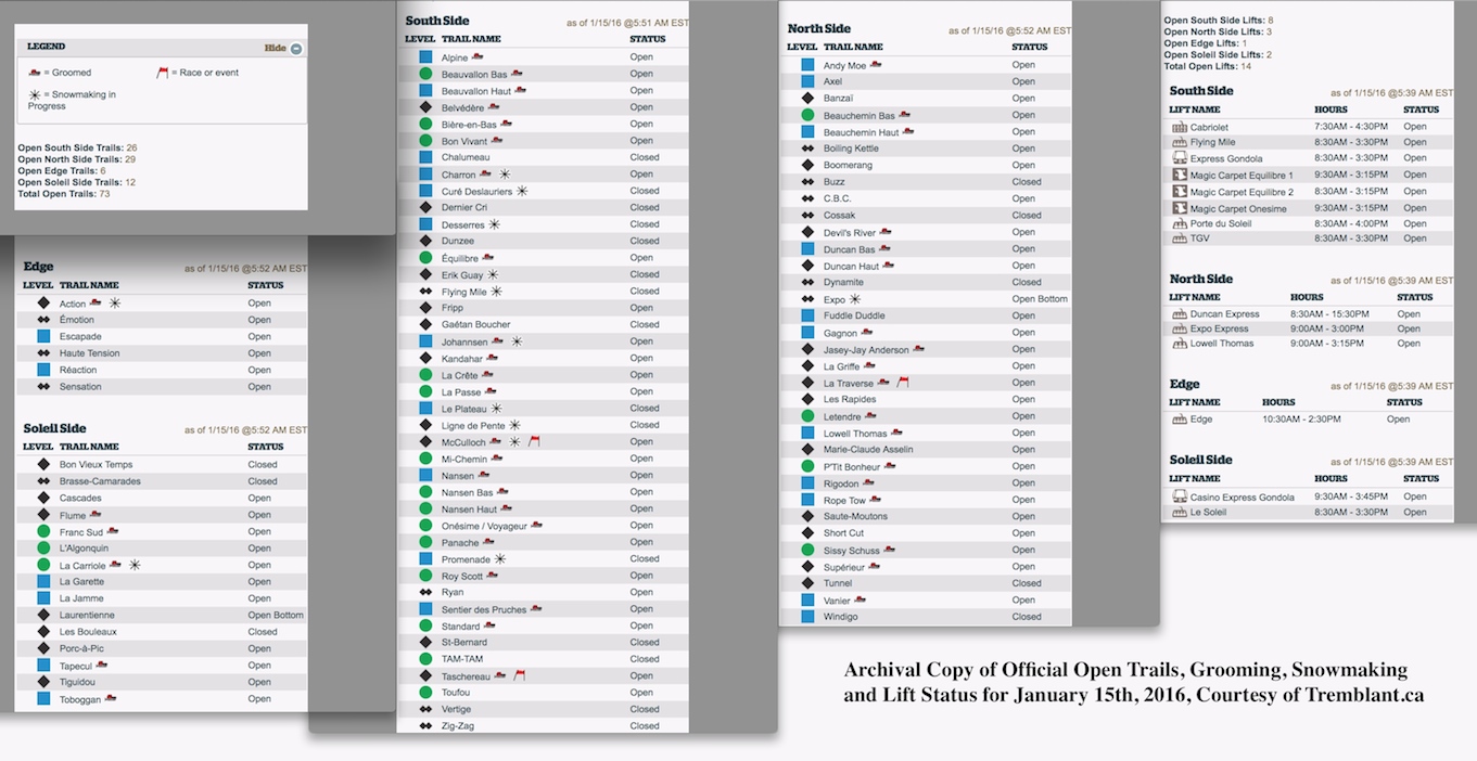 Archival Copy of Official Open Trails, Grooming, Snowmaking and Lift Status, Courtesy of Tremblant.ca