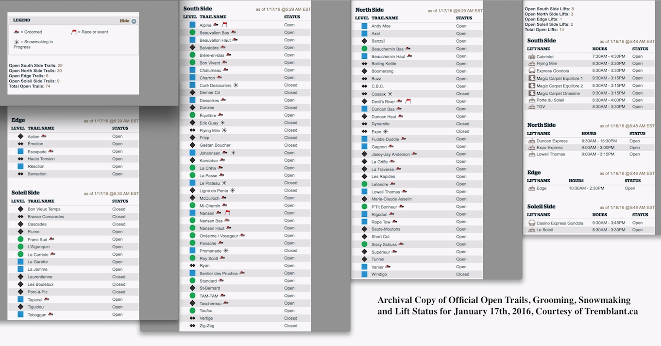 Archival Copy of Official Open Trails, Grooming, Snowmaking and Lift Status, Courtesy of Tremblant.ca