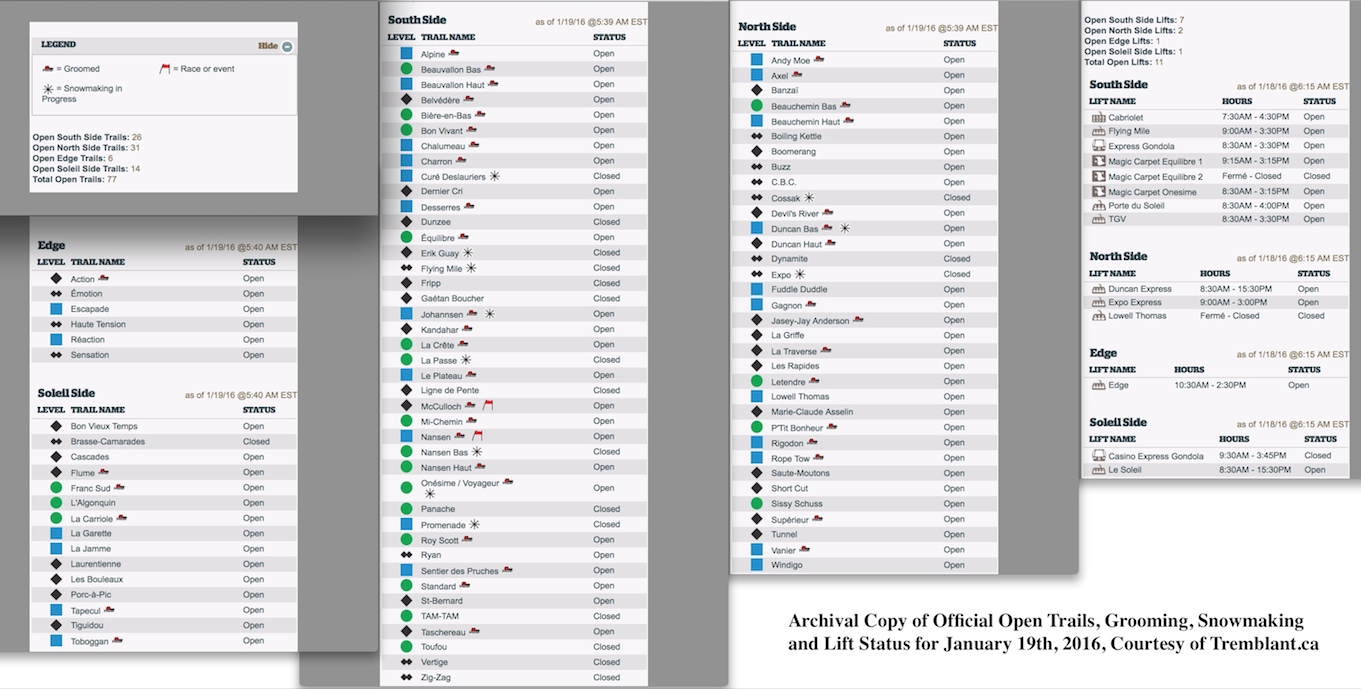 Archival Copy of Official Open Trails, Grooming, Snowmaking and Lift Status, Courtesy of Tremblant.ca