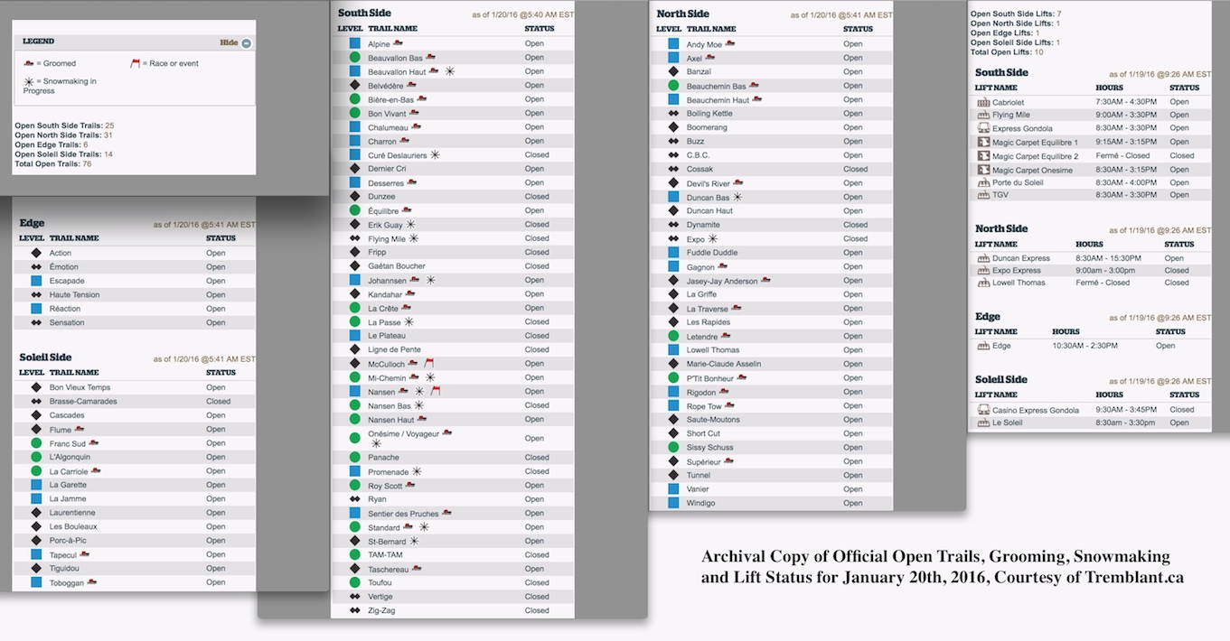 Archival Copy of Official Open Trails, Grooming, Snowmaking and Lift Status, Courtesy of Tremblant.ca