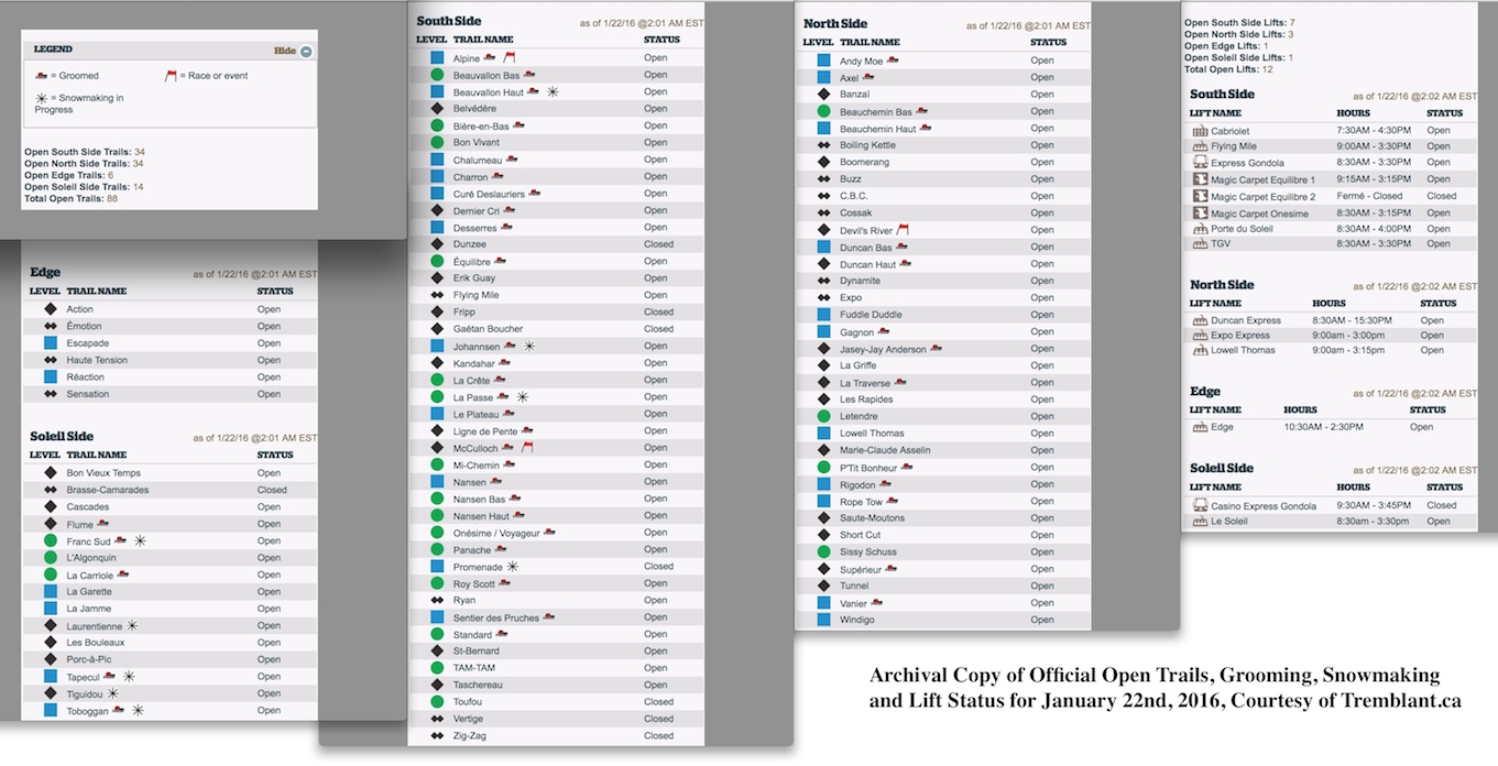 Archival Copy of Official Open Trails, Grooming, Snowmaking and Lift Status, 2016, Courtesy of Tremblant.ca