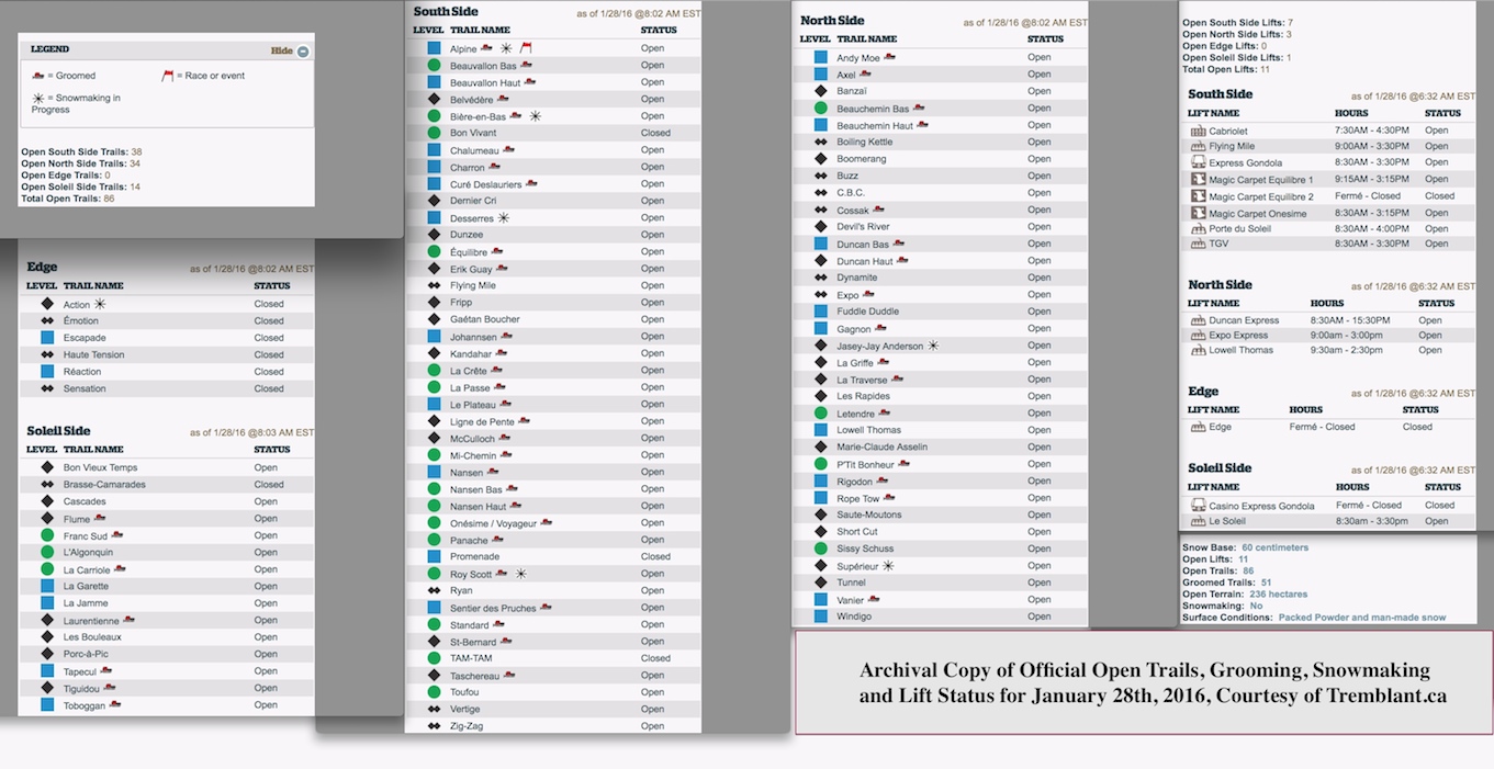 Archival Copy of Official Open Trails, Grooming, Snowmaking and Lift Status, Courtesy of Tremblant.ca