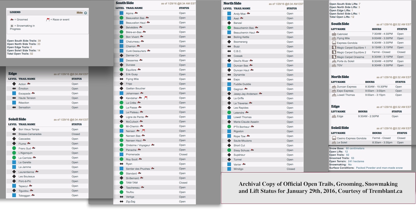Archival Copy of Official Open Trails, Grooming, Snowmaking and Lift Status, Courtesy of Tremblant.ca