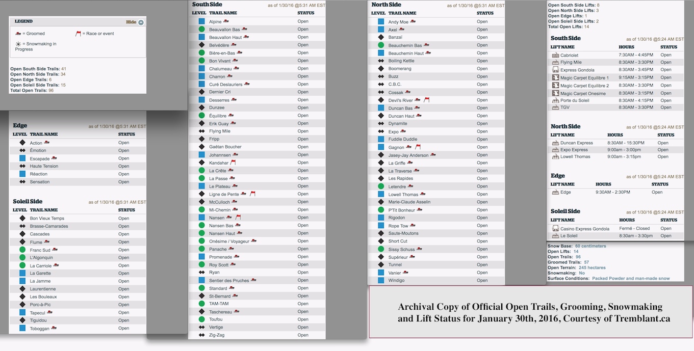 Archival Copy of Official Open Trails, Grooming, Snowmaking and Lift Status, Courtesy of Tremblant.ca