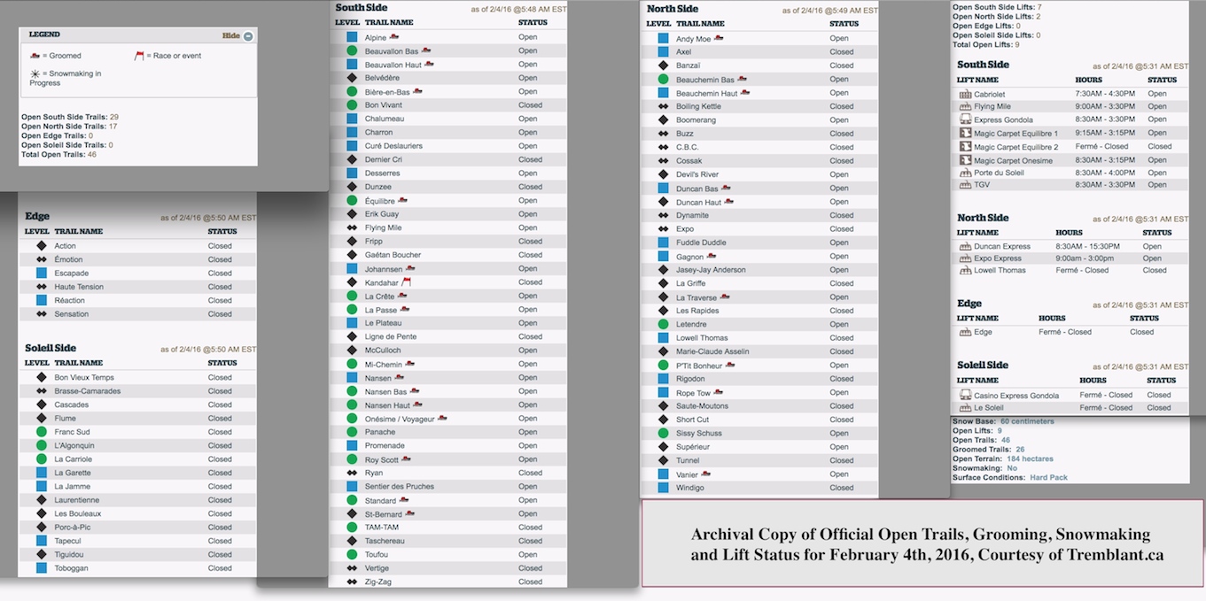 Archival Copy of Official Open Trails, Grooming, Snowmaking and Lift Status, 2016, Courtesy of Tremblant.ca