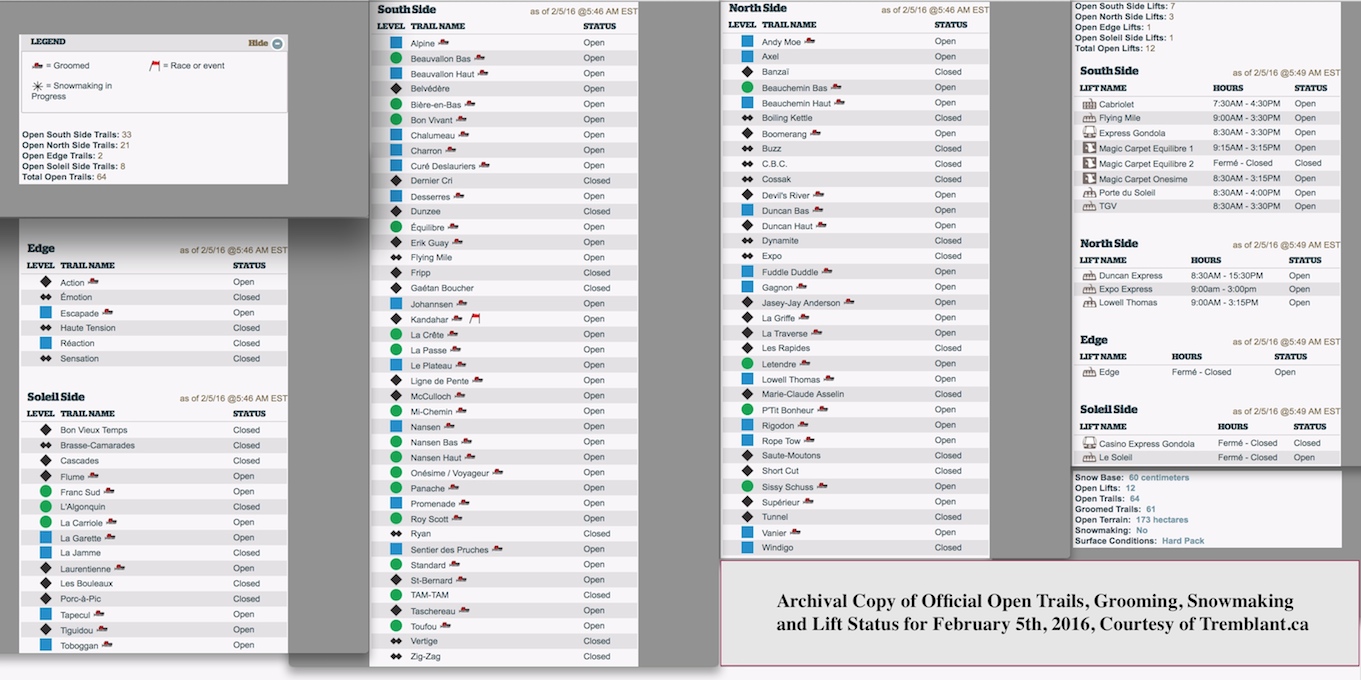 Archival Copy of Official Open Trails, Grooming, Snowmaking and Lift Status, Courtesy of Tremblant.ca