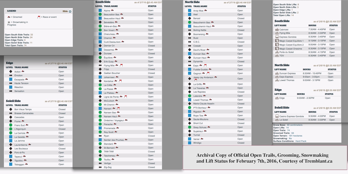Archival Copy of Official Open Trails, Grooming, Snowmaking and Lift Status, Courtesy of Tremblant.ca