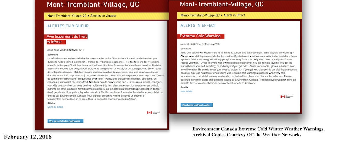 Environment Canada Severe Cold Winter Weather Warning Screenshots Courtesy of The Weather Network.