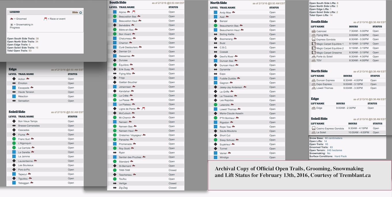 Archival Copy of Official Open Trails, Grooming, Snowmaking and Lift Status, Courtesy of Tremblant.ca