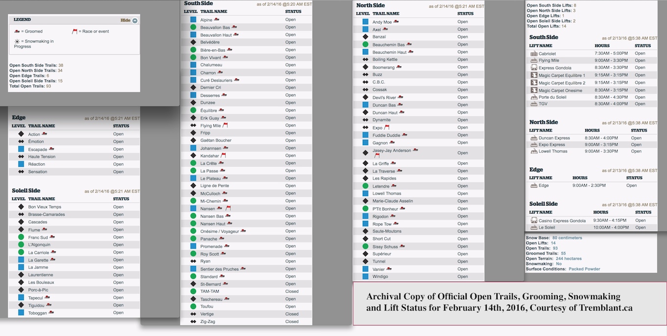 Archival Copy of Official Open Trails, Grooming, Snowmaking and Lift Status, Courtesy of Tremblant.ca