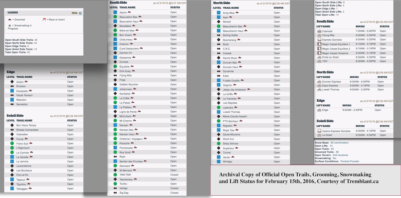 Archival Copy of Official Open Trails, Grooming, Snowmaking and Lift Status, Courtesy of Tremblant.ca