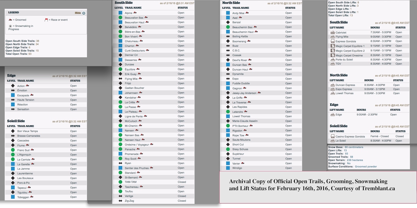 Archival Copy of Official Open Trails, Grooming, Snowmaking and Lift Status, Courtesy of Tremblant.ca