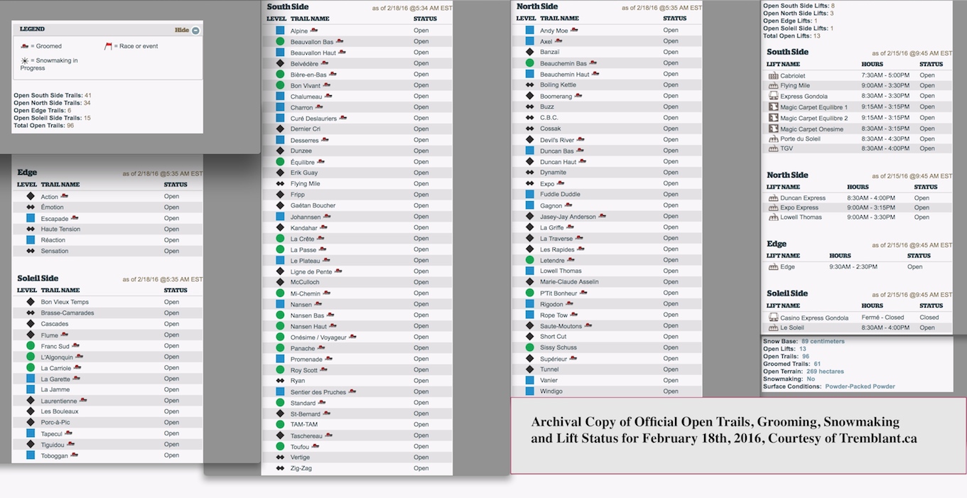 Archival Copy of Official Open Trails, Grooming, Snowmaking and Lift Status, Courtesy of Tremblant.ca