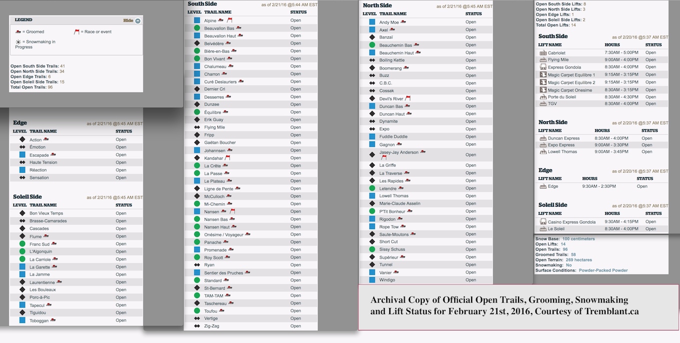 Archival Copy of Official Open Trails, Grooming, Snowmaking and Lift Status, Courtesy of Tremblant.ca