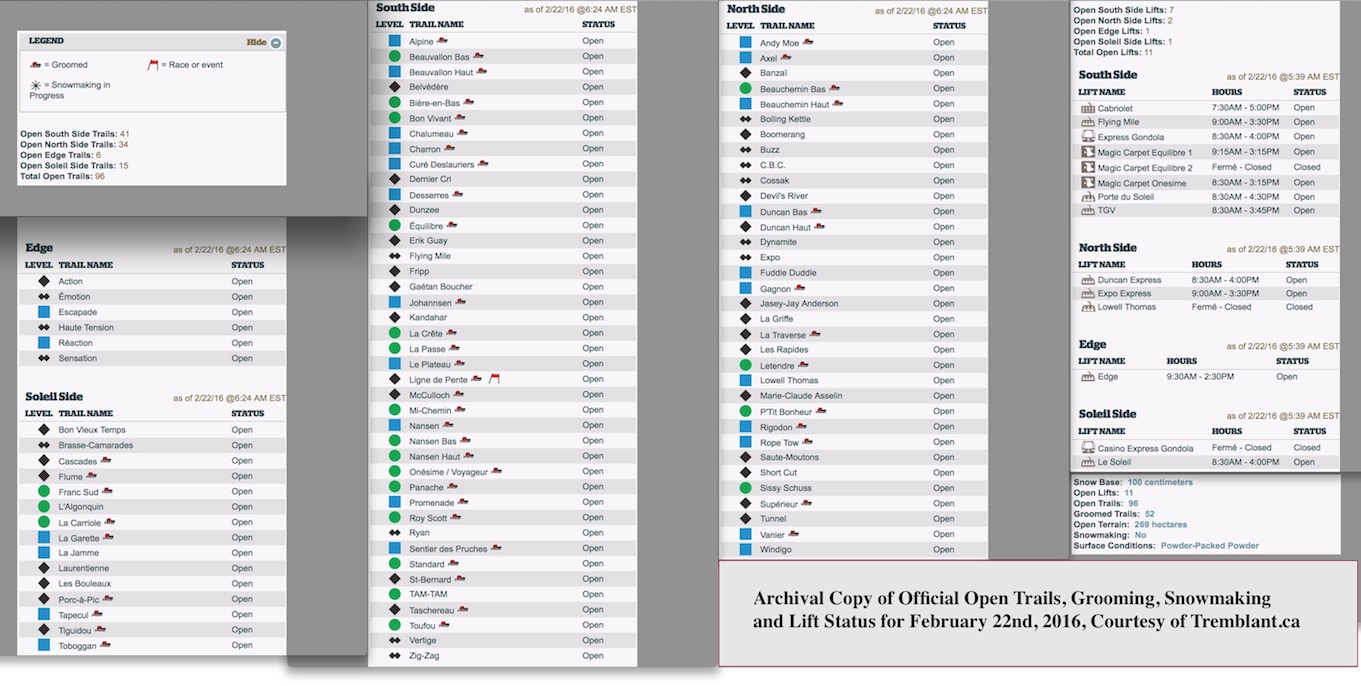 Archival Copy of Official Open Trails, Grooming, Snowmaking and Lift Status, Courtesy of Tremblant.ca
