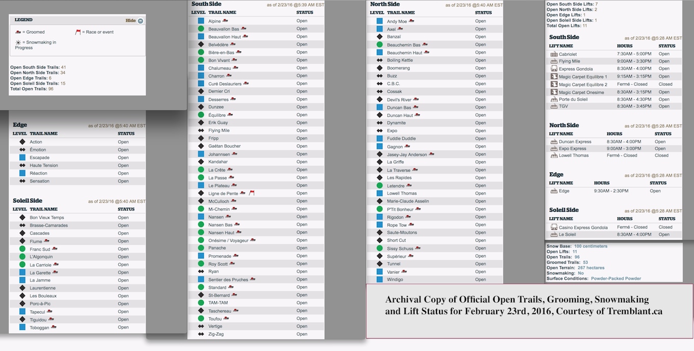 Archival Copy of Official Open Trails, Grooming, Snowmaking and Lift Status, Courtesy of Tremblant.ca