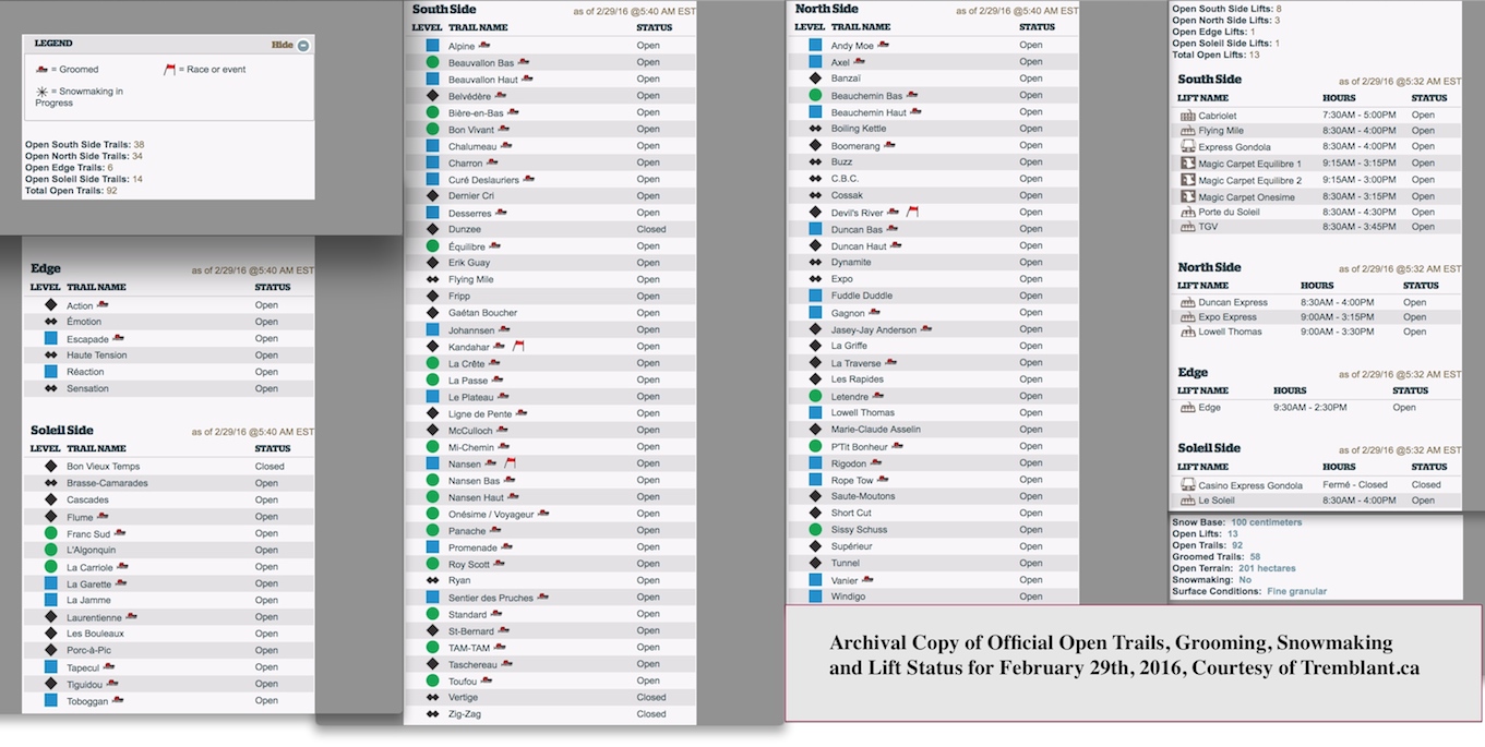 Archival Copy of Official Open Trails, Grooming, Snowmaking and Lift Status, Courtesy of Tremblant.ca