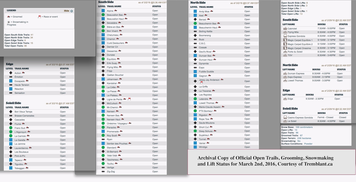 Archival Copy of Official Open Trails, Grooming, Snowmaking and Lift Status, Courtesy of Tremblant.ca