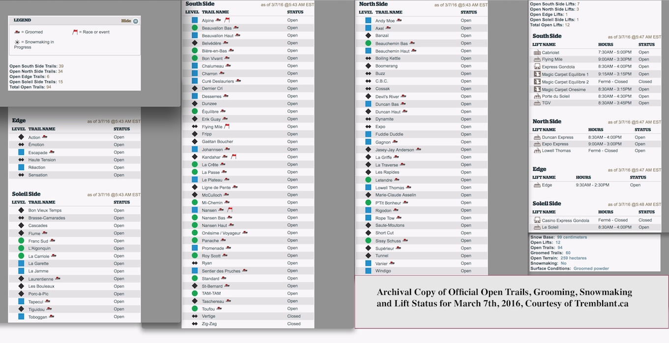 Archival Copy of Official Open Trails, Grooming, Snowmaking and Lift Status, Courtesy of Tremblant.ca