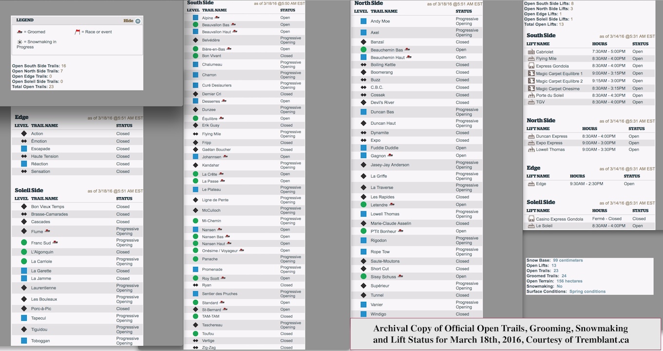 Archival Copy of Official Open Trails, Grooming, Snowmaking and Lift Status, Courtesy of Tremblant.ca