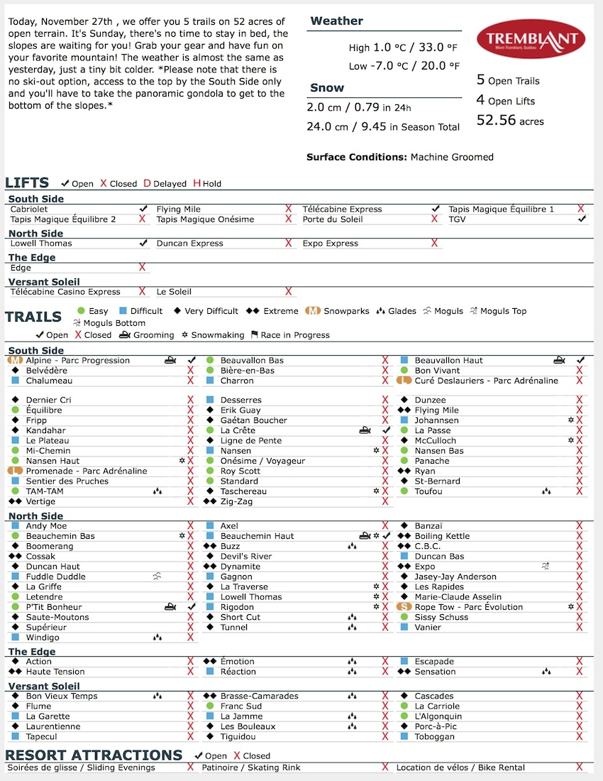 Archival Copy of Official Open Trails,<br />Grooming, Snowmaking, Lift Status and Mountain Conditions<br />Courtesy of Tremblant.ca