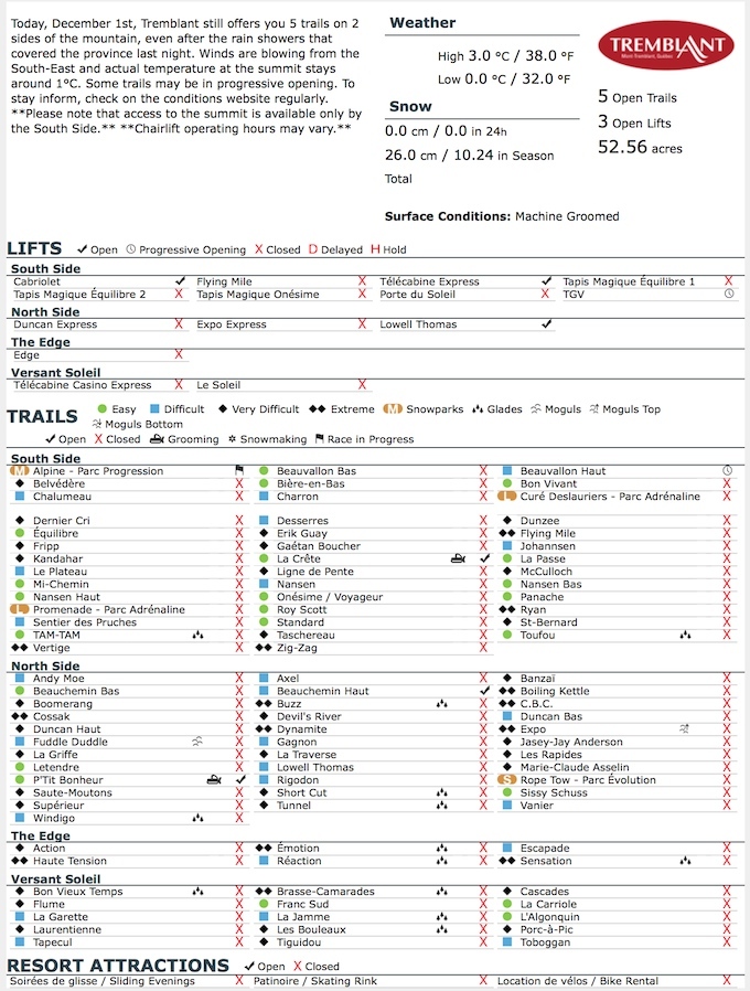 Archival Copy of Official Open Trails,<br />Grooming, Snowmaking, Lift Status and Mountain Conditions Courtesy of Tremblant.ca