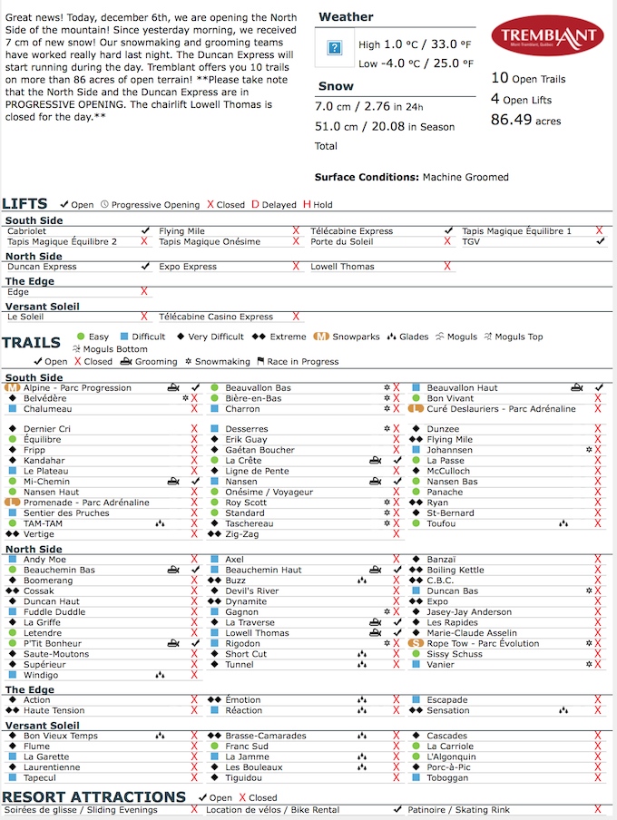 Archival Copy of Official Open Trails,<br />Grooming, Snowmaking, Lift Status and Mountain Conditions<br />Courtesy of Tremblant.ca