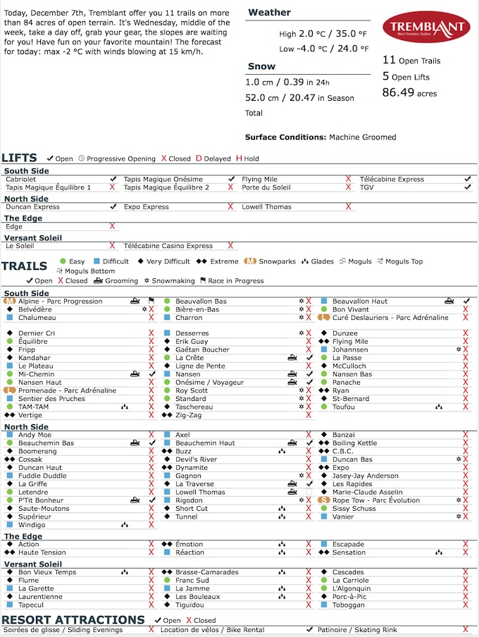 Archival Copy of Official Open Trails,<br />Grooming, Snowmaking, Lift Status and Mountain Conditions<br />Courtesy of Tremblant.ca