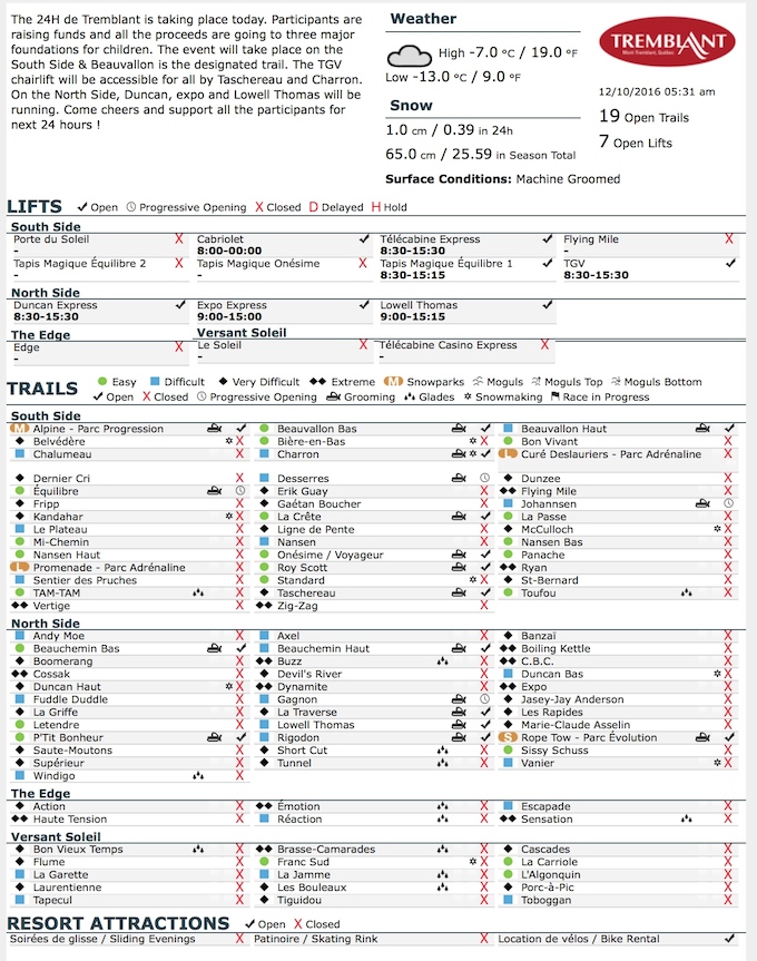 Archival Copy of Official Open Trails,<br />Grooming, Snowmaking, Lift Status and Mountain Conditions Courtesy of Tremblant.ca