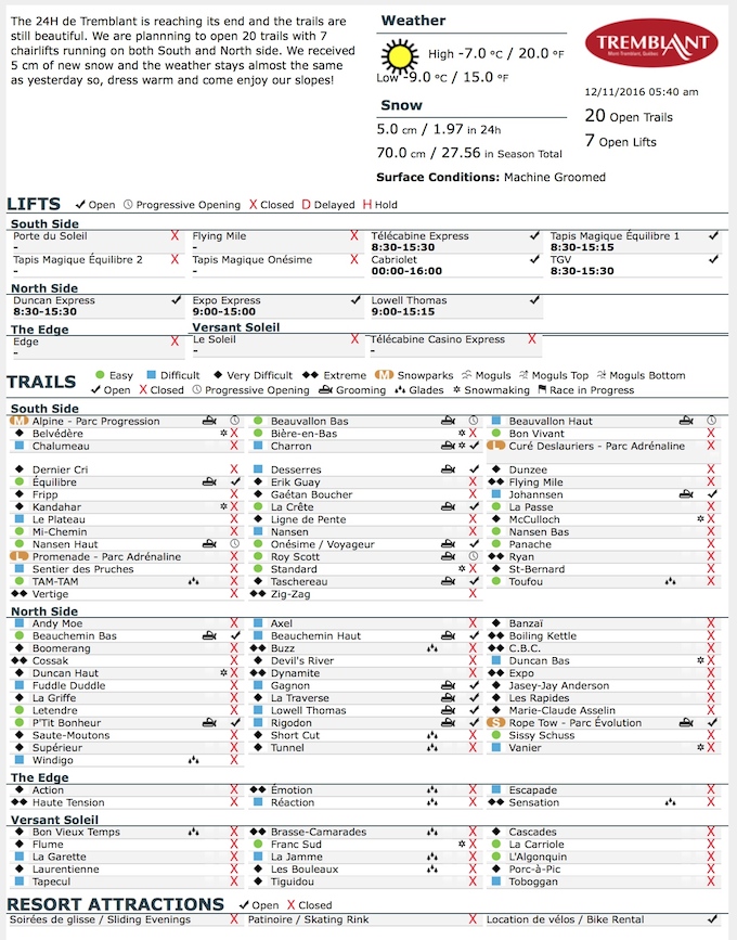 Archival Copy of Official Open Trails,<br />Grooming, Snowmaking, Lift Status and Mountain Conditions<br />Courtesy of Tremblant.ca