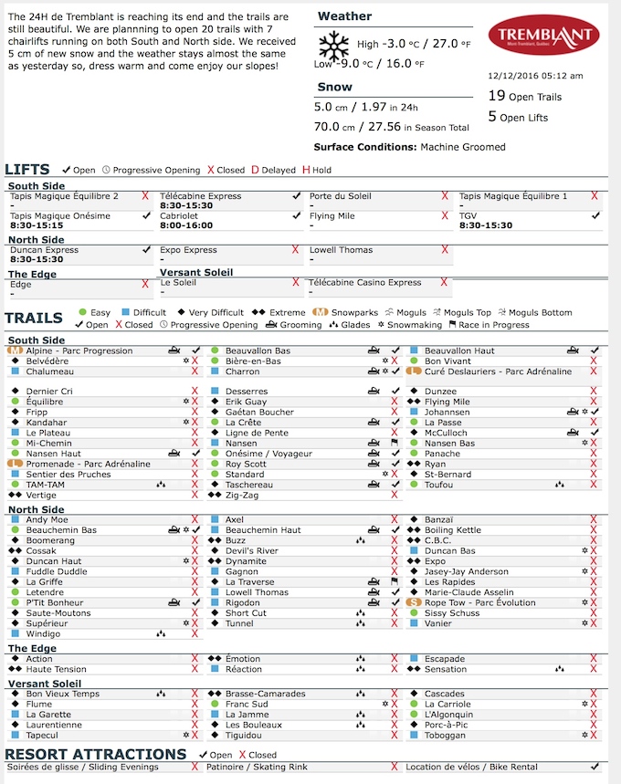 Archival Copy of Official Open Trails,<br />Grooming, Snowmaking, Lift Status and Mountain Conditions<br />Courtesy of Tremblant.ca