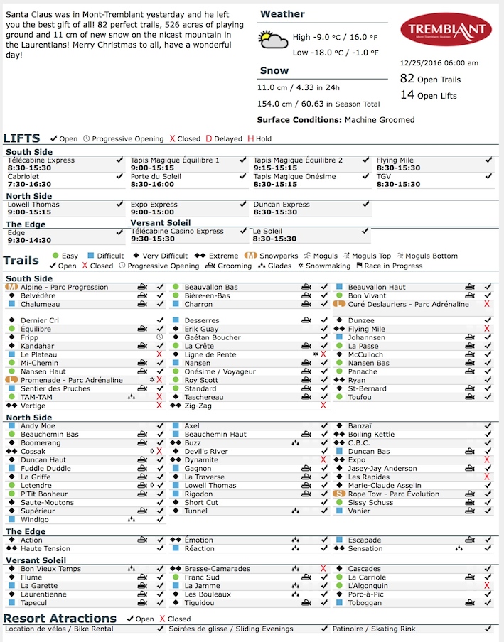 Archival Copy of Official Open Trails,<br />Grooming, Snowmaking, Lift Status and Mountain Conditions Courtesy of Tremblant.ca