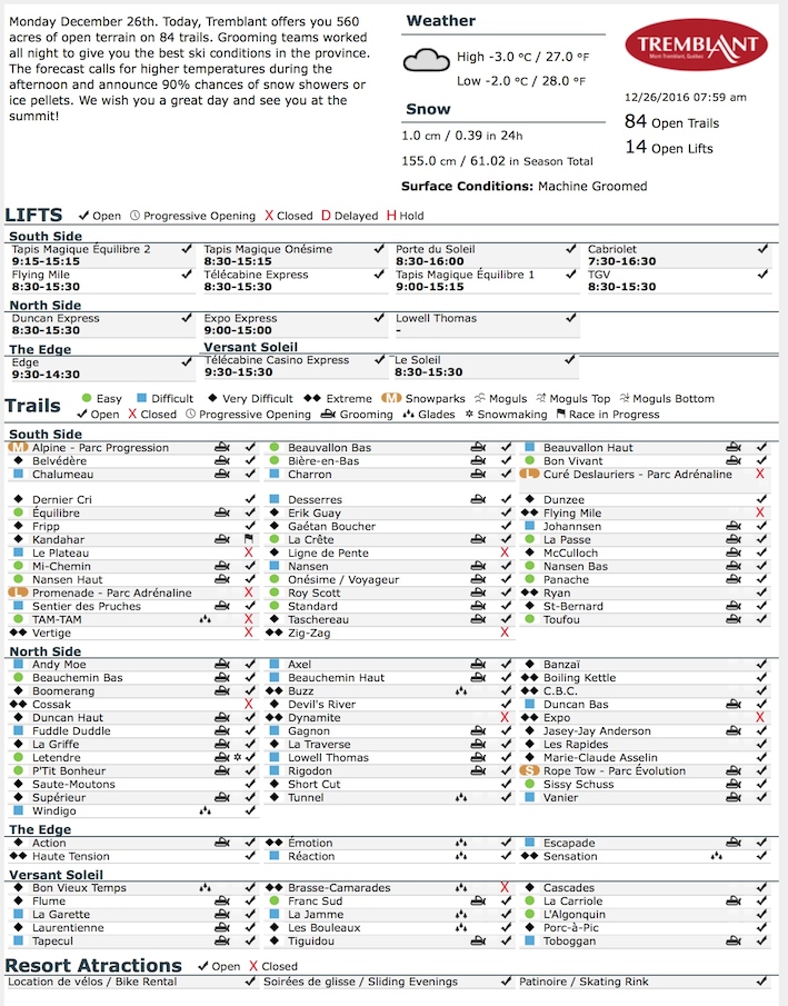 Archival Copy of Official Open Trails,<br />Grooming, Snowmaking, Lift Status and Mountain Conditions Courtesy of Tremblant.ca