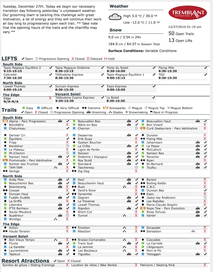 Archival Copy of Official Open Trails,<br />Grooming, Snowmaking, Lift Status and Mountain Conditions Courtesy of Tremblant.ca