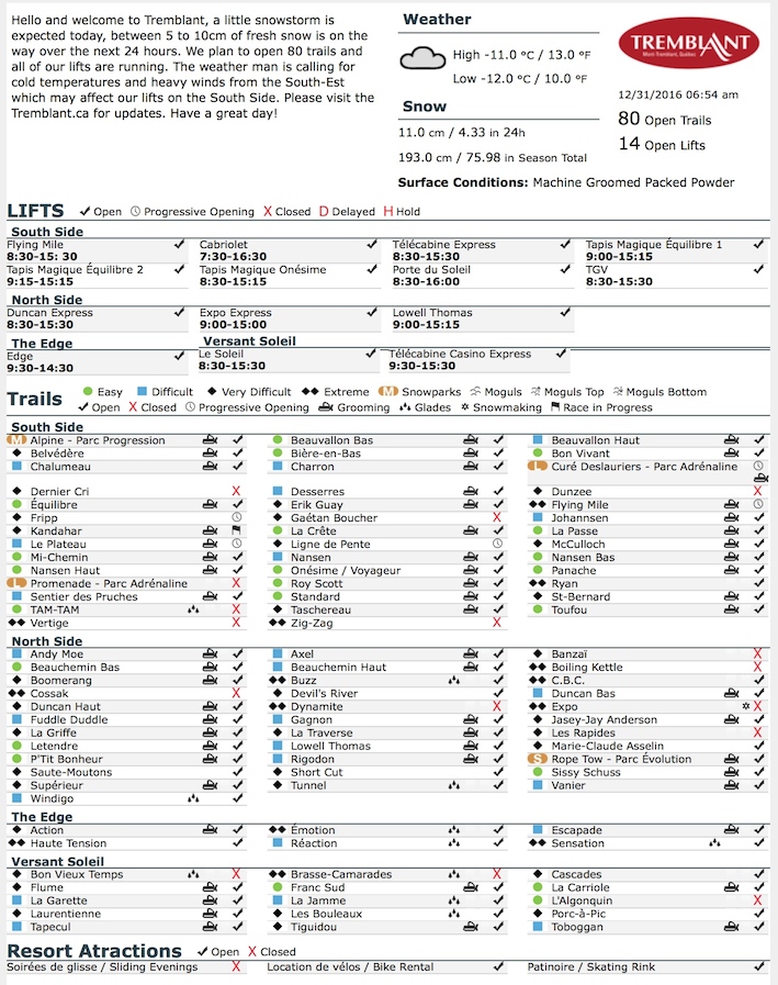 Archival Copy of Official Open Trails,<br />Grooming, Snowmaking, Lift Status and Mountain Conditions Courtesy of Tremblant.ca